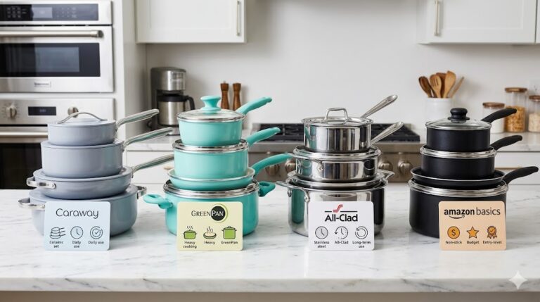 A line of four cookware sets on a kitchen counter