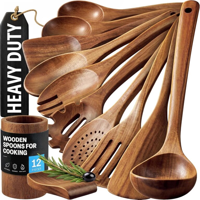 Premium Teak Wood Kitchen Utensils Set (12-Piece with Holder)