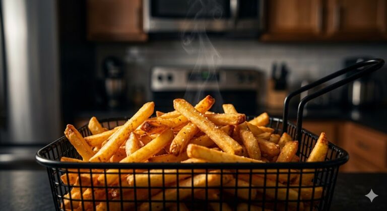 crispy french fries in air fryer basket close up