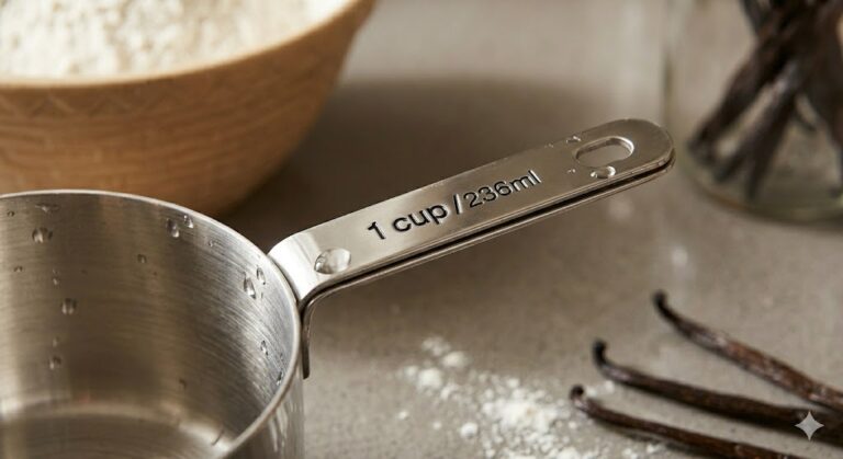 engraved measurement marking on stainless steel measurement cup for accurate cooking