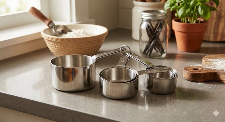 stainless steel measuring cups set for baking and cooking on kitchen counter