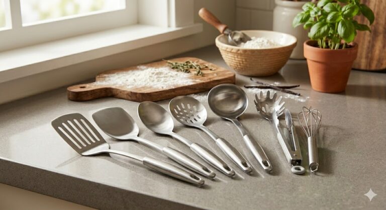 stainless steel kitchen utensil set displayed on modern kitchen counter