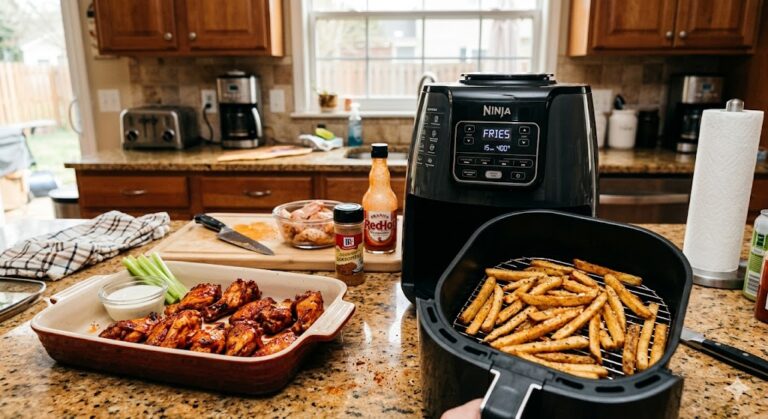 air fryer on kitchen counter real home cooking fries and chicken wings
