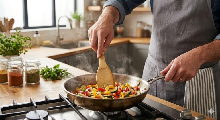 person cooking with bamboo spatula in a modern kitchen