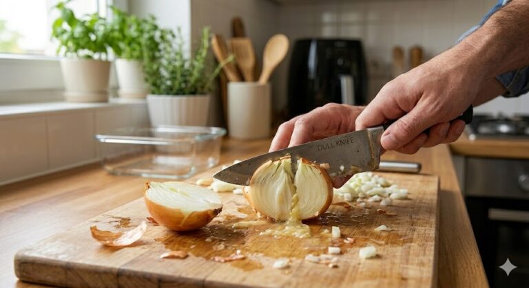 "Close-up of a dull kitchen knife crushing a yellow onion on a wooden cutting board, showing pulp and juice mess, with an air fryer and glass containers in the background."