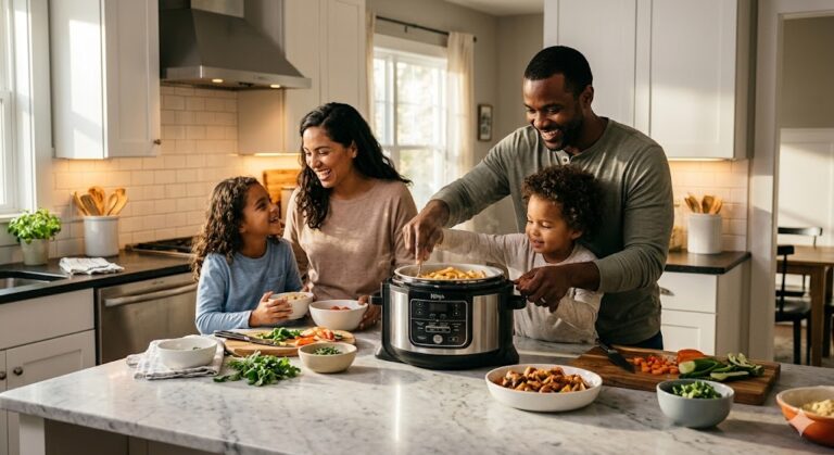 family cooking meal using ninja foodi in USA kitchen