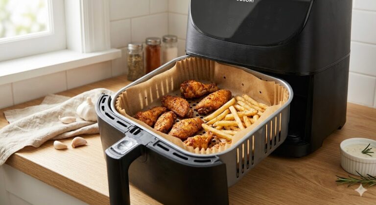 parchment paper in air fryer basket with chicken