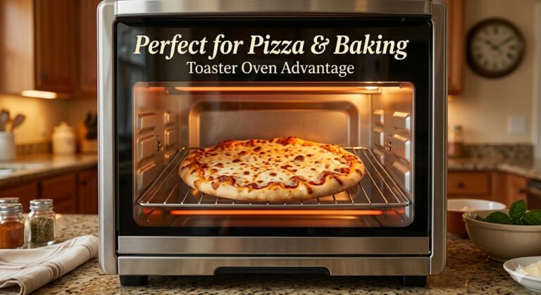 pizza baking evenly inside toaster oven at home