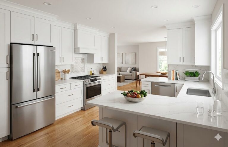 Bosch kitchen appliance package with stainless steel refrigerator, range, and dishwasher in a modern American kitchen