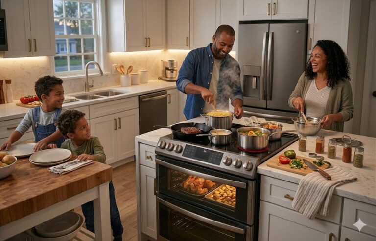 Family cooking using profile general electric stove in a U.S. home