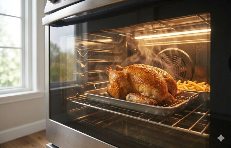 Food baking evenly inside GE Profile convection oven