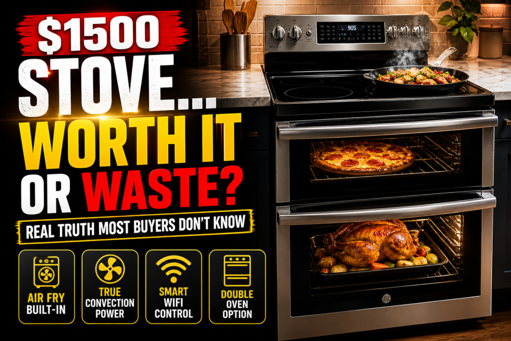 GE Profile electric stove feature image with bold text showing pros and value for U.S. buyers