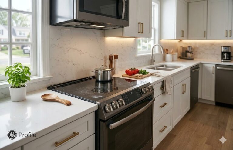 GE Profile electric stove in a real U.S. kitchen with everyday use