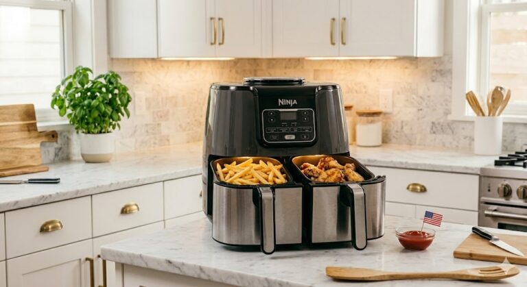 ninja air fryer 9 in 1 cooking fries in modern US kitchen